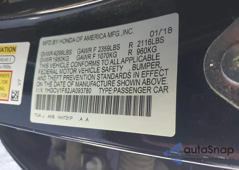 2018 Honda Accord Ex-L z USA, uszkodzony, nr VIN 1HGCV1F62JA093780